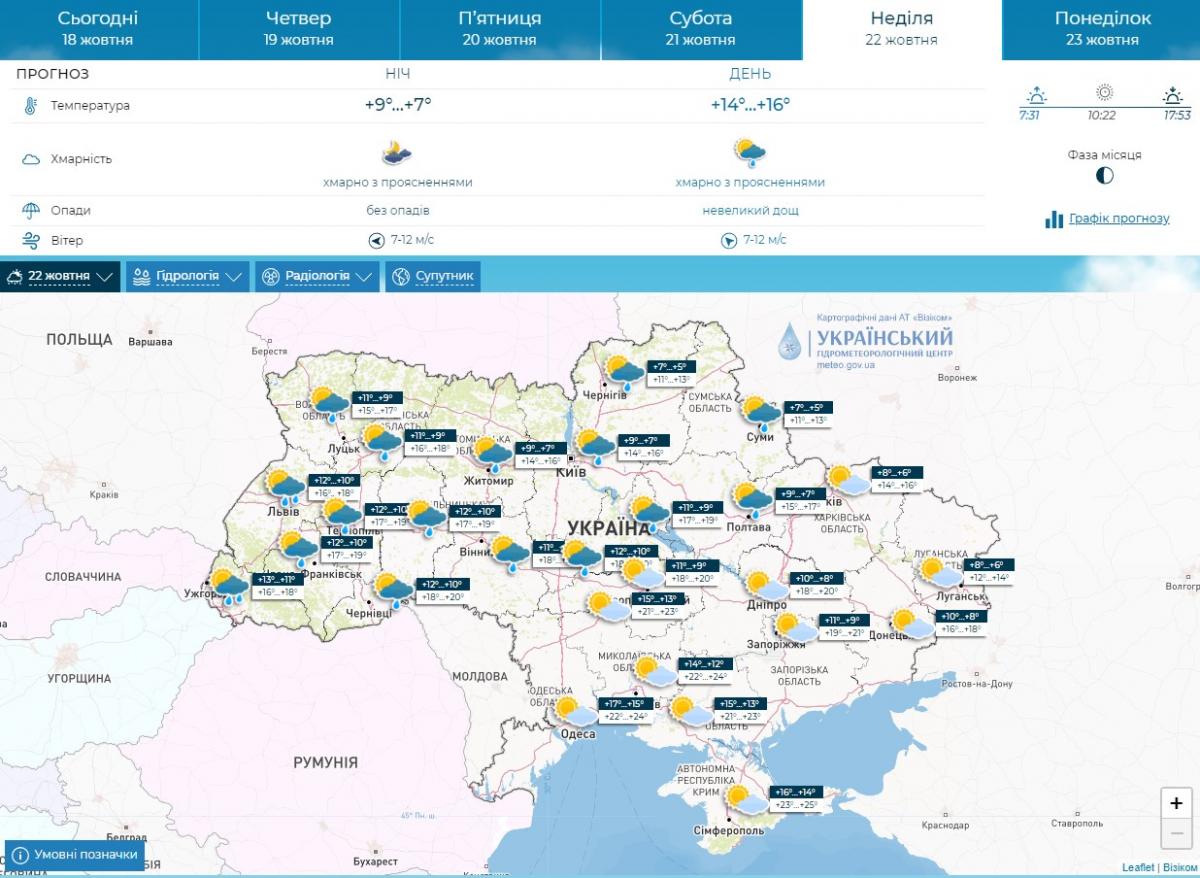 Прогноз погоди в Україні на 22 жовтня 2023 від Укргідрометцентру Прогноз погоди в Україні на 22 жовтня 2023 від Укргідрометцентру