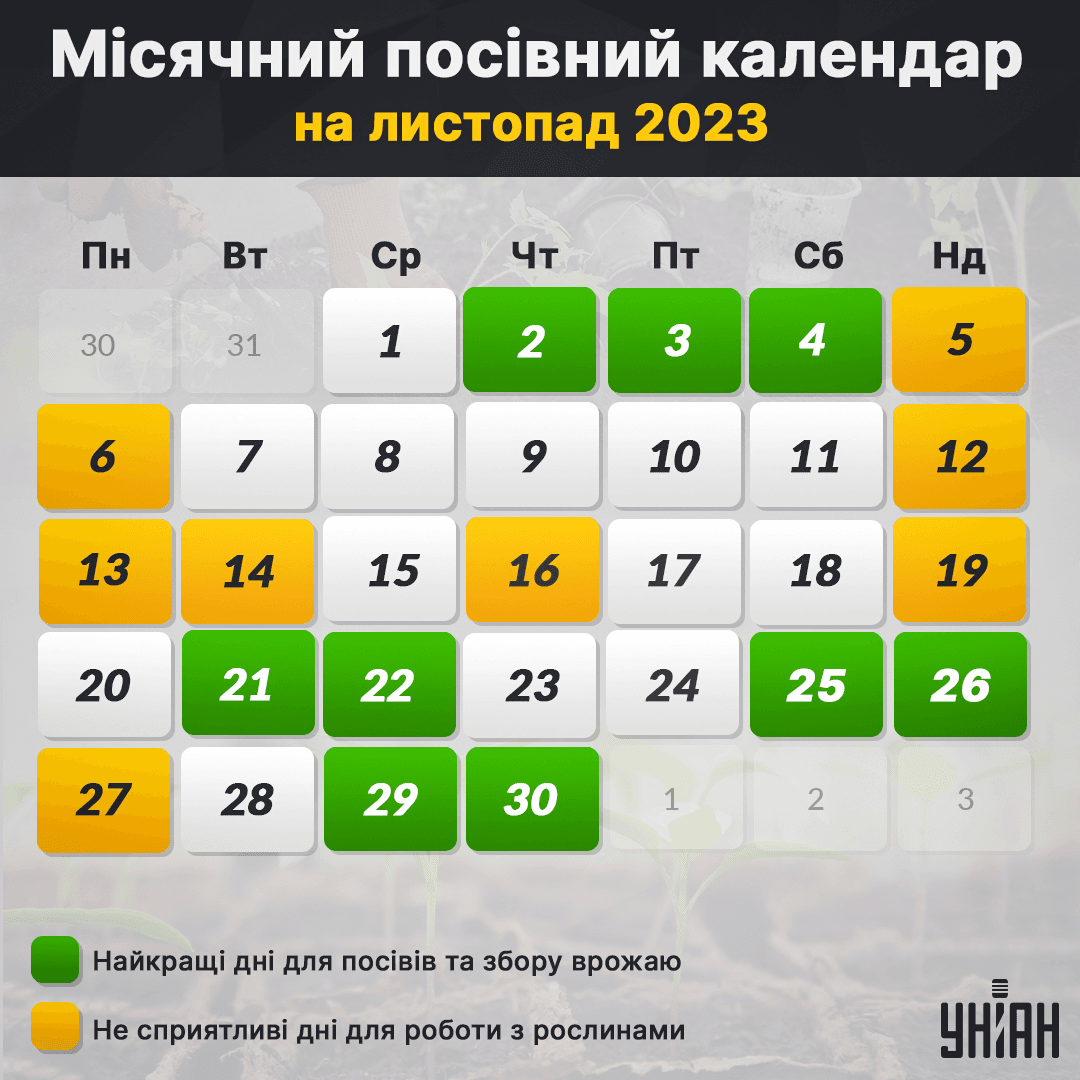 Місячний посівний календар на листопад 2023 таблиця / фото УНІАН Місячний посівний календар на листопад 2023 таблиця / фото УНІАН