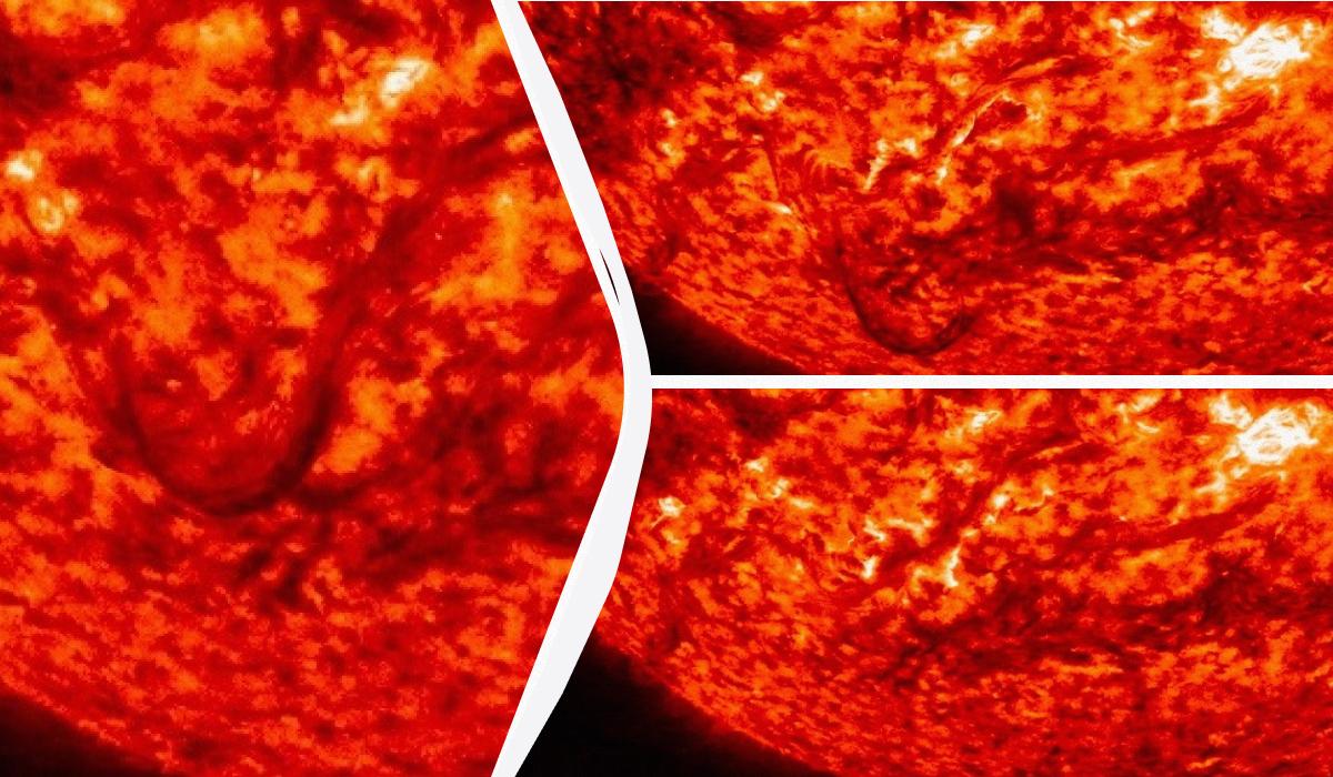 Оторвавшийся протуберанец оставил после себя гигантскую, похожую на каньон дыру в сверхгорячей плазме Солнца / колаж УНІАН, фото NASA/SDO/Helioviewer.org Оторвавшийся протуберанец оставил после себя гигантскую, похожую на каньон дыру в сверхгорячей плазме Солнца / колаж УНІАН, фото NASA/SDO/Helioviewer.org
