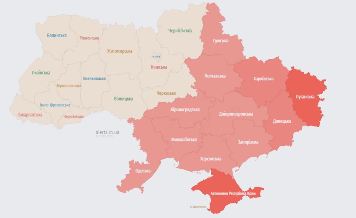 Карта воздушных тревог вечером 10 ноября / скриншот Карта воздушных тревог вечером 10 ноября / скриншот