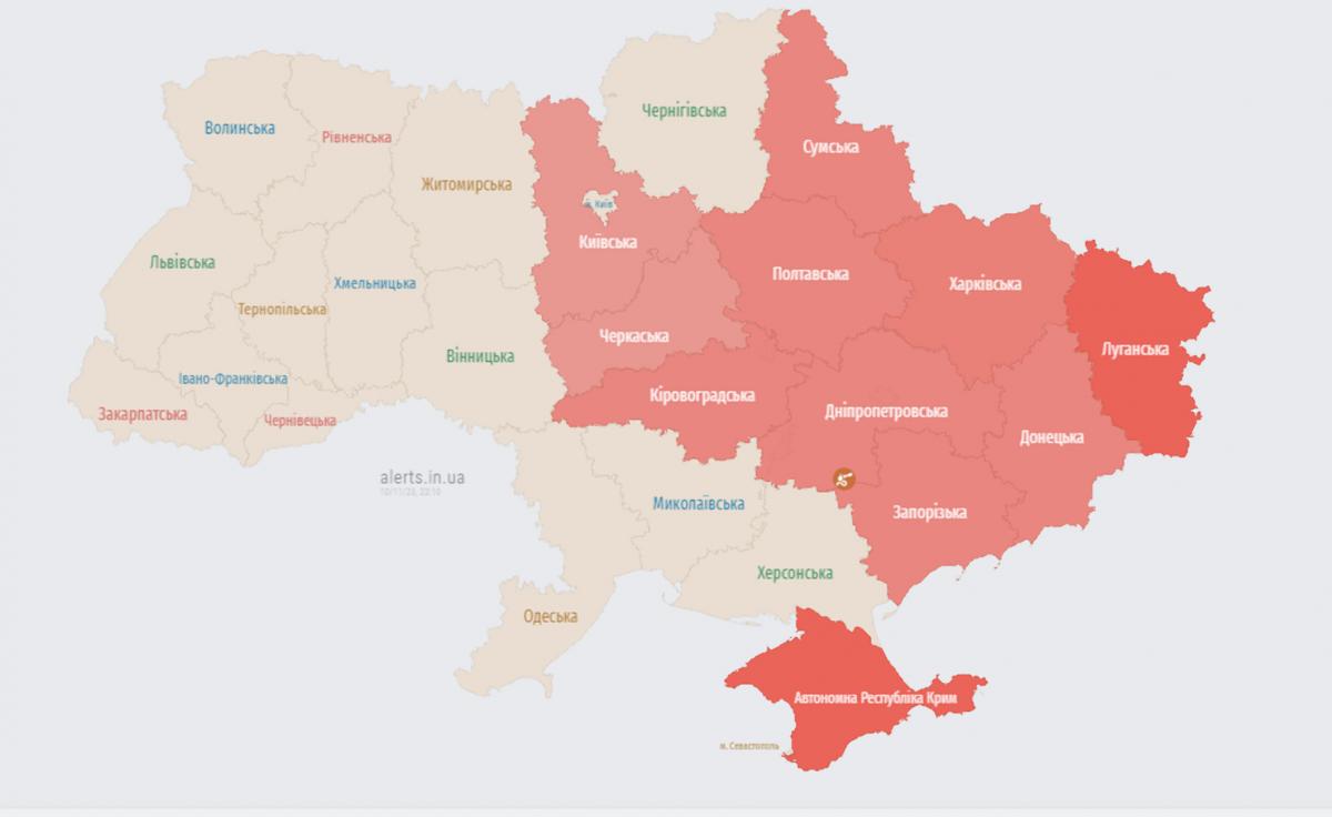 Карта повітряних тривог ввечері 10 листопада / скріншот
