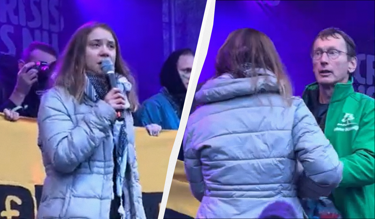 Грета Тунберг ледь не побилася з іншим активістом на сцені / колаж УНІАН, скріншот
