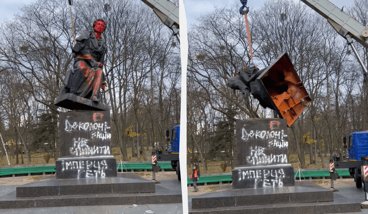 Памятник убрали автокраном / коллаж УНИАН, скриншот Памятник убрали автокраном / коллаж УНИАН, скриншот