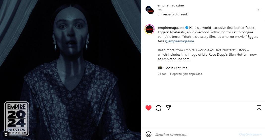 Лили-Роуз Депп сыграла одну из главных ролей в "Носферату" / скриншот из Instagram Empire Magazine Лили-Роуз Депп сыграла одну из главных ролей в "Носферату" / скриншот из Instagram Empire Magazine