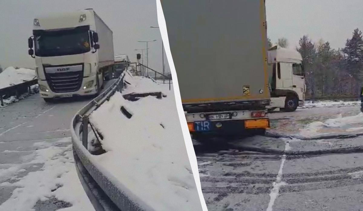 Перші вантажівки прибули потягом до Польщі / Колаж УНІАН, скріншот із відео Перші вантажівки прибули потягом до Польщі / Колаж УНІАН, скріншот із відео