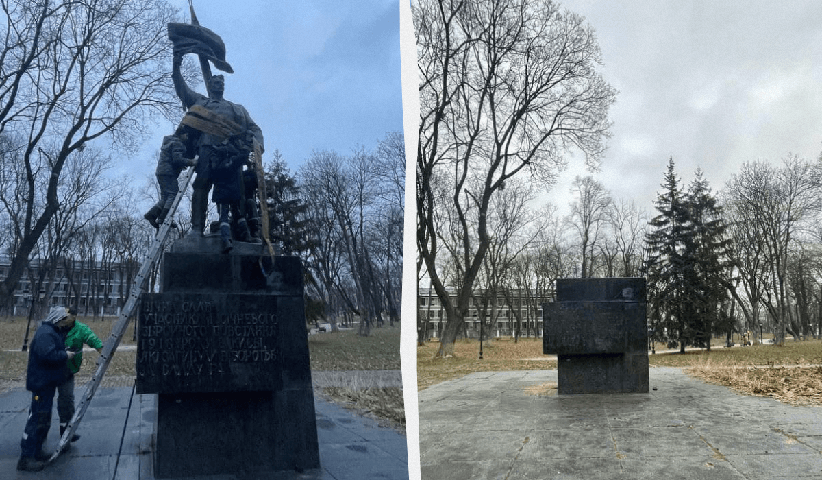 Пам'ятник "арсенальцям" прибрали з Маріїнського парку / колаж УНІАН, фото kyivcity.gov.ua Пам'ятник "арсенальцям" прибрали з Маріїнського парку / колаж УНІАН, фото kyivcity.gov.ua