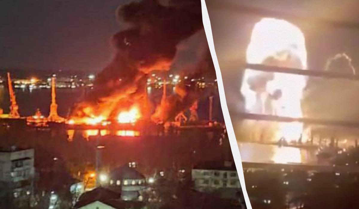 У Феодосії палає порт / Колаж УНІАН / t.me/war_monitor, Скриншот У Феодосії палає порт / Колаж УНІАН / t.me/war_monitor, Скриншот