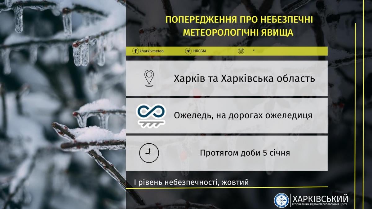 Синоптики попереджають про ожеледь та ожеледицю / фото Харківський регіональний центр з гідрометеорології Синоптики попереджають про ожеледь та ожеледицю / фото Харківський регіональний центр з гідрометеорології