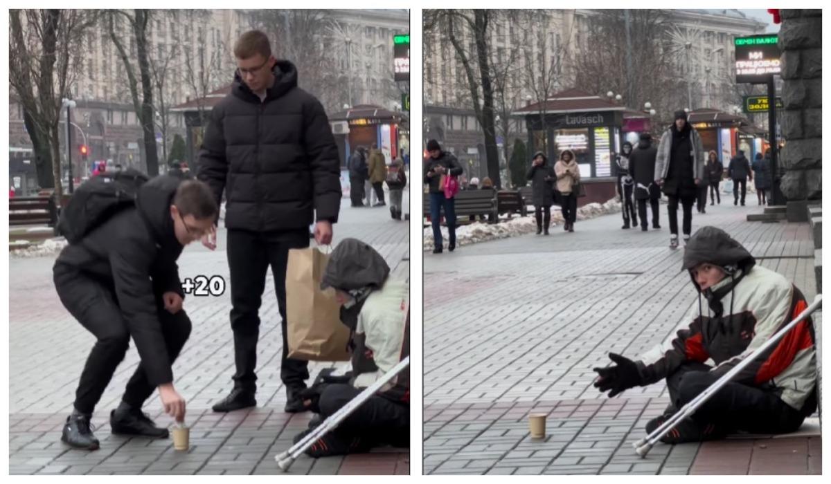 Один из прохожих кинул в стаканчик 100 гривень / коллаж УНИАН, скриншот Один из прохожих кинул в стаканчик 100 гривень / коллаж УНИАН, скриншот