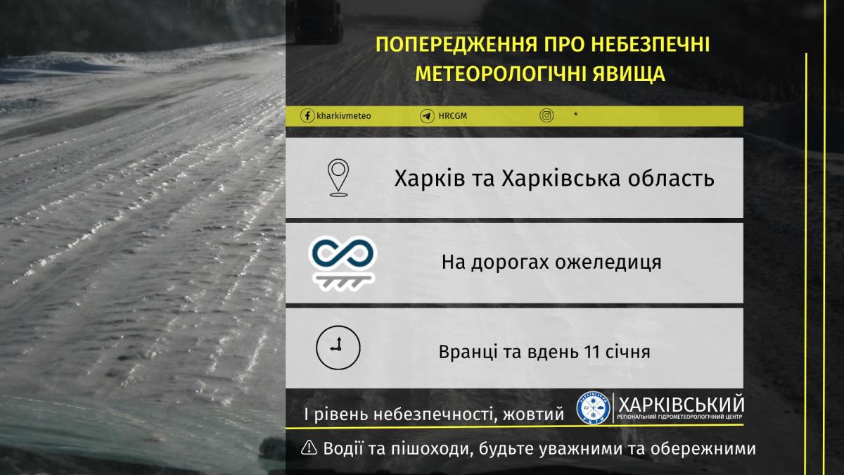 Сьогодні на дорогах Харківщини буде ожеледиця / Харківський регіональний центр з гідрометеорології Сьогодні на дорогах Харківщини буде ожеледиця / Харківський регіональний центр з гідрометеорології