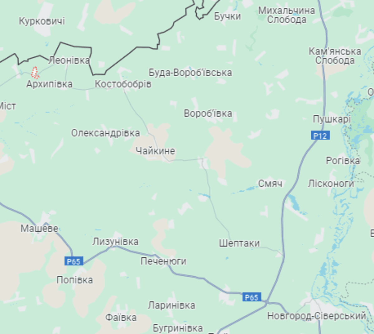 Триває війна в Україні, - карта неспокійної частини Чернігівської області / скріншот з google.com/maps Триває війна в Україні, - карта неспокійної частини Чернігівської області / скріншот з google.com/maps