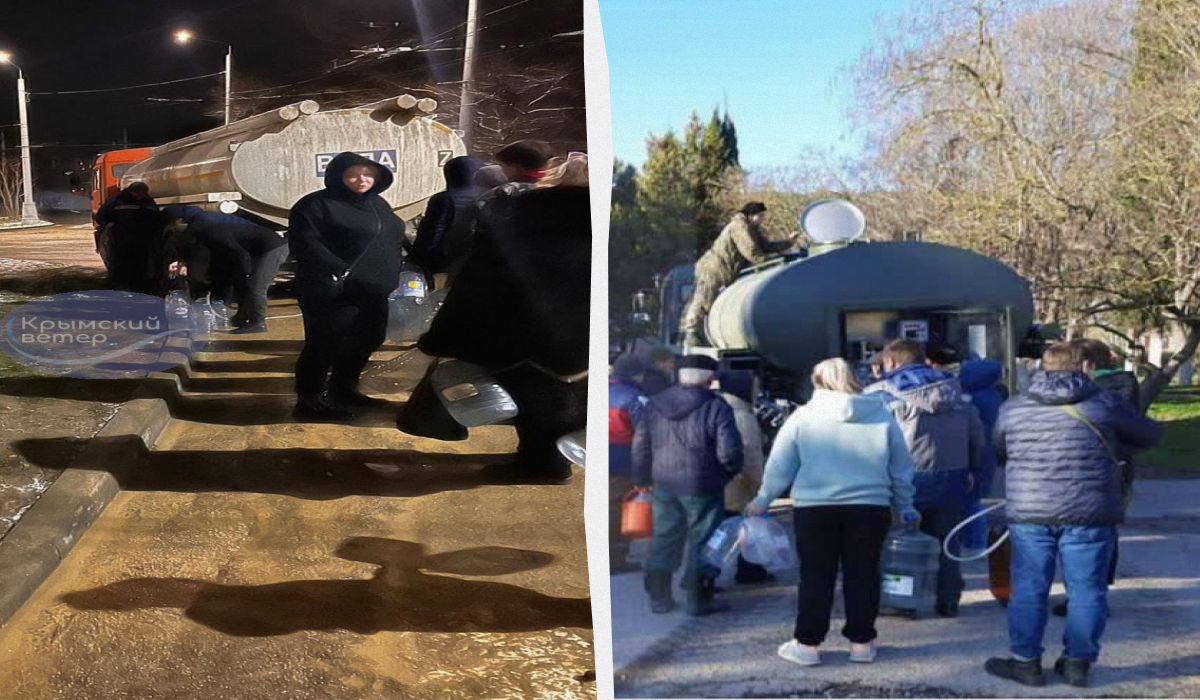 Місцеві жителі скаржаться, що вже кілька діб їм доводиться вистоювати гігантські черги з відрами, бутлями і митися в мисках / колаж УНІАН, фото"Кримський вітер" Місцеві жителі скаржаться, що вже кілька діб їм доводиться вистоювати гігантські черги з відрами, бутлями і митися в мисках / колаж УНІАН, фото"Кримський вітер"