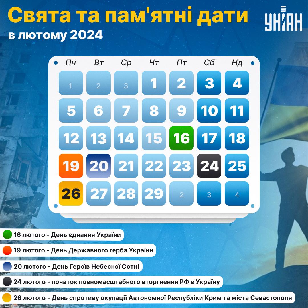 Які свята в Україні та пам'ятні дати будуть у лютому 2024 року / інфографіка УНІАН Які свята в Україні та пам'ятні дати будуть у лютому 2024 року / інфографіка УНІАН