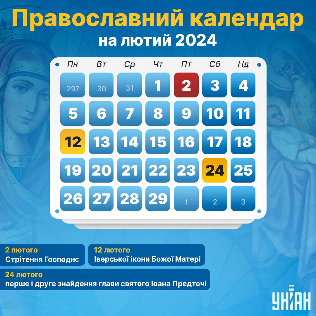 Православні свята в лютому 2024 за новим стилем / інфографіка УНІАН