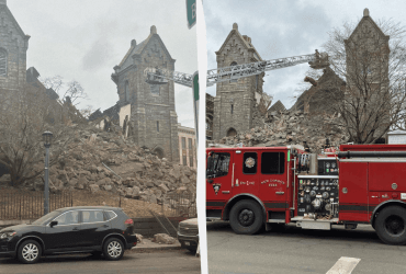 В США посреди города эпично рухнула старая церковь, момент попал на видео