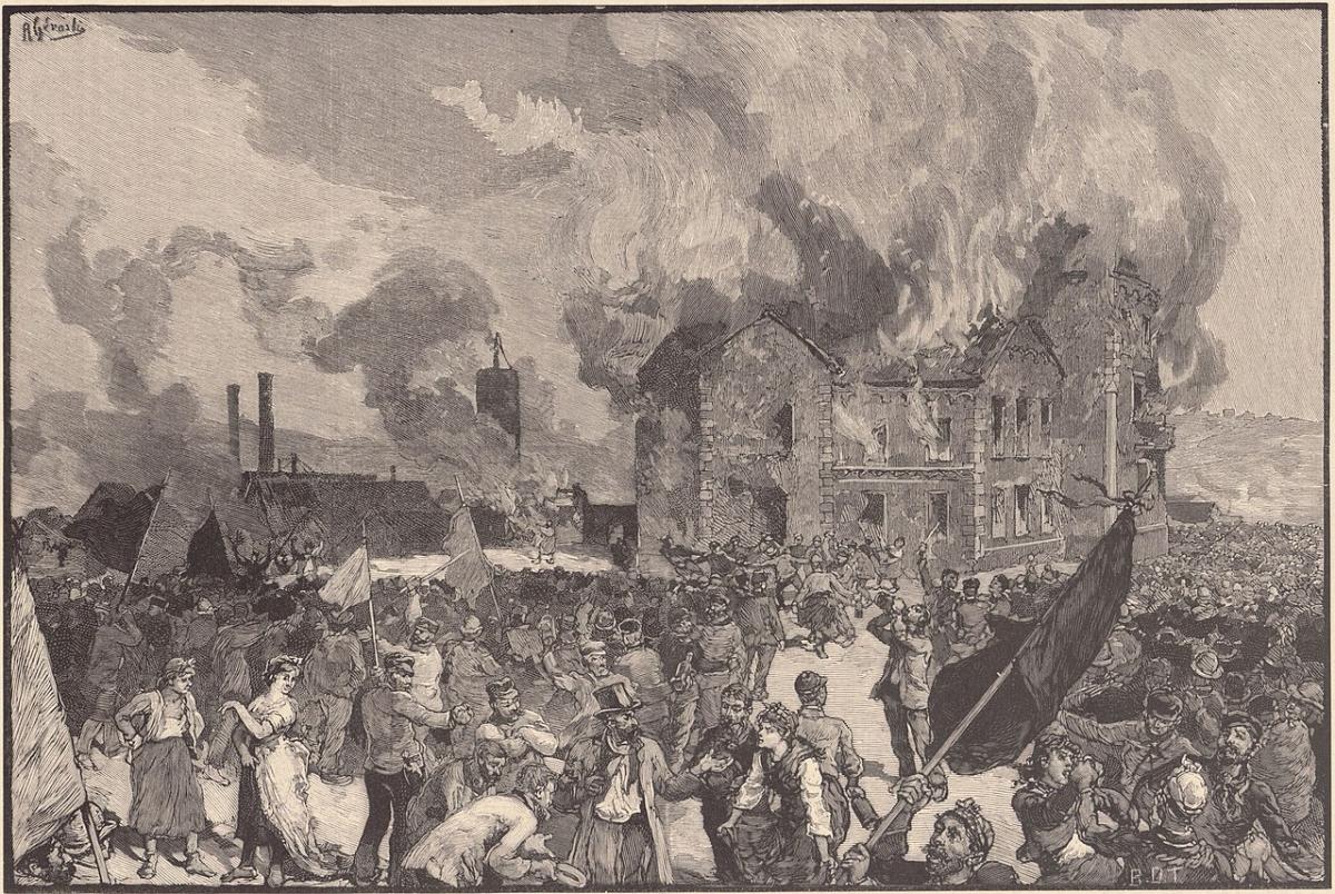 Бельгійські луддити спалюють скляну фабрику, 1886 рік / джерело Вікіпедія