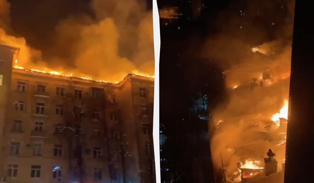 In Moscow, a large-scale fire on the roof of a high-rise building on Chernyakhovsky Street /  collage, screenshots