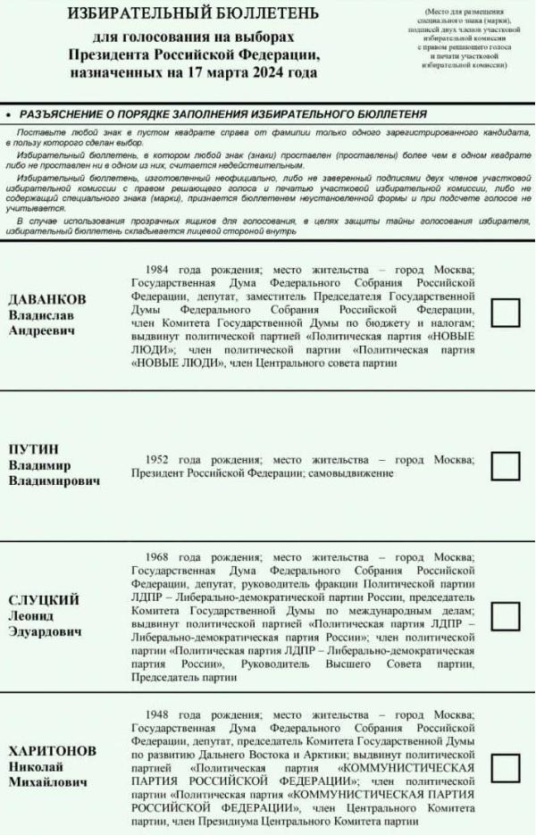 У бюлетні на виборах президента РФ - лише чотири прізвища / скріншот У бюлетні на виборах президента РФ - лише чотири прізвища / скріншот