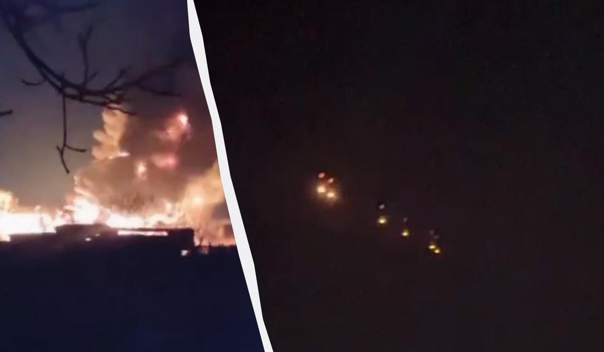 На изображениях повреждений видны повреждения двух крупных зданий, связанных с парком А-50 / коллаж УНИАН, скриншоты