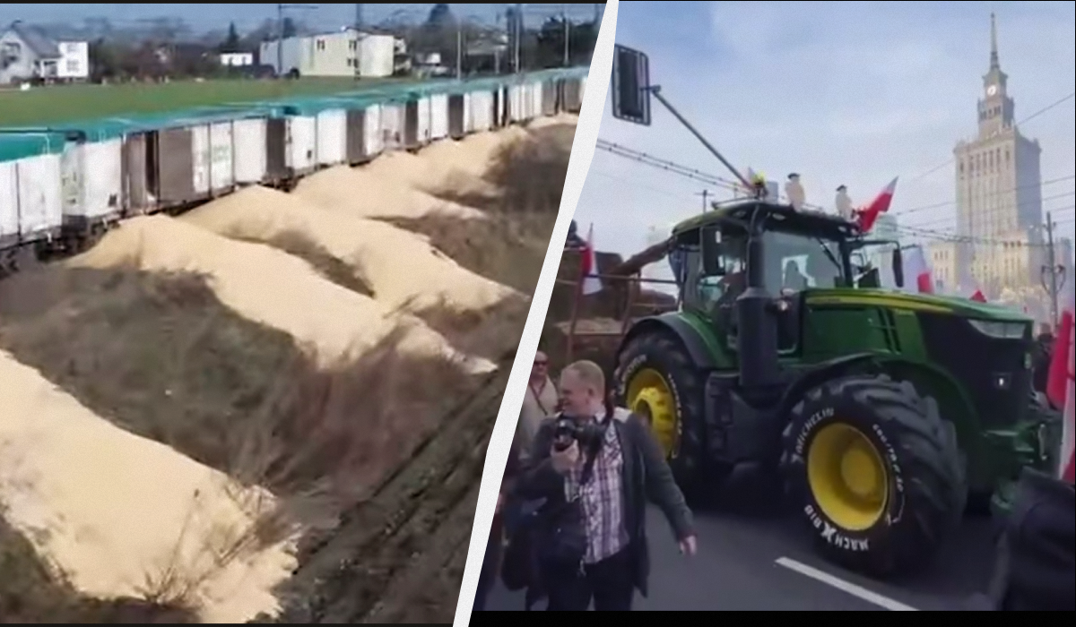 In Europe, farmers protest over Ukrainian grain and resort to sabotage /  collage, stills from video