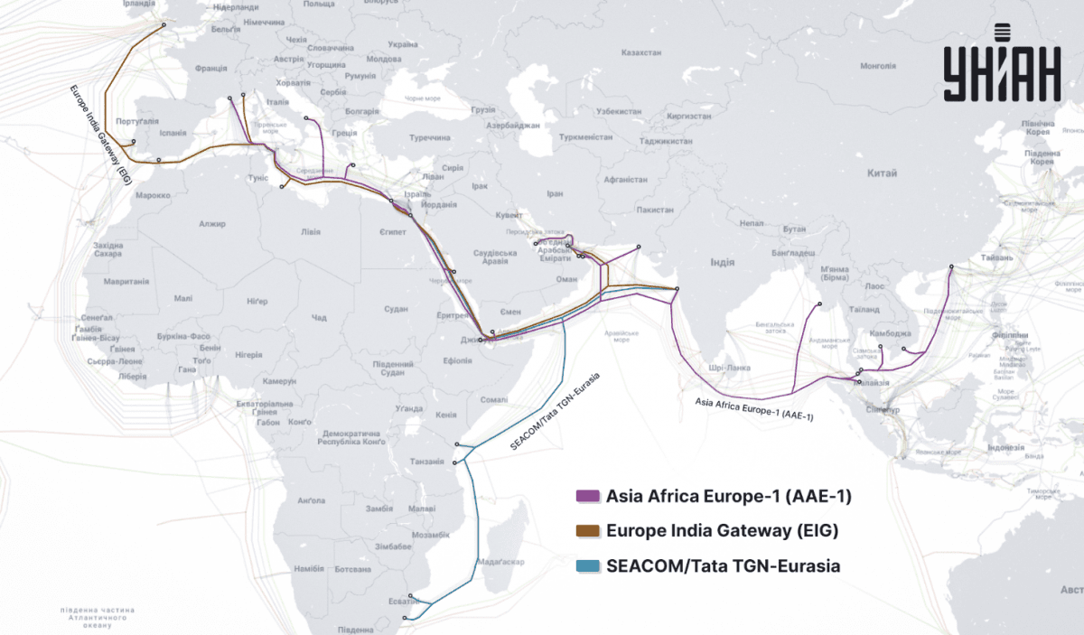 Протяжність пошкоджених кабелів / скріншот submarinecablemap.com