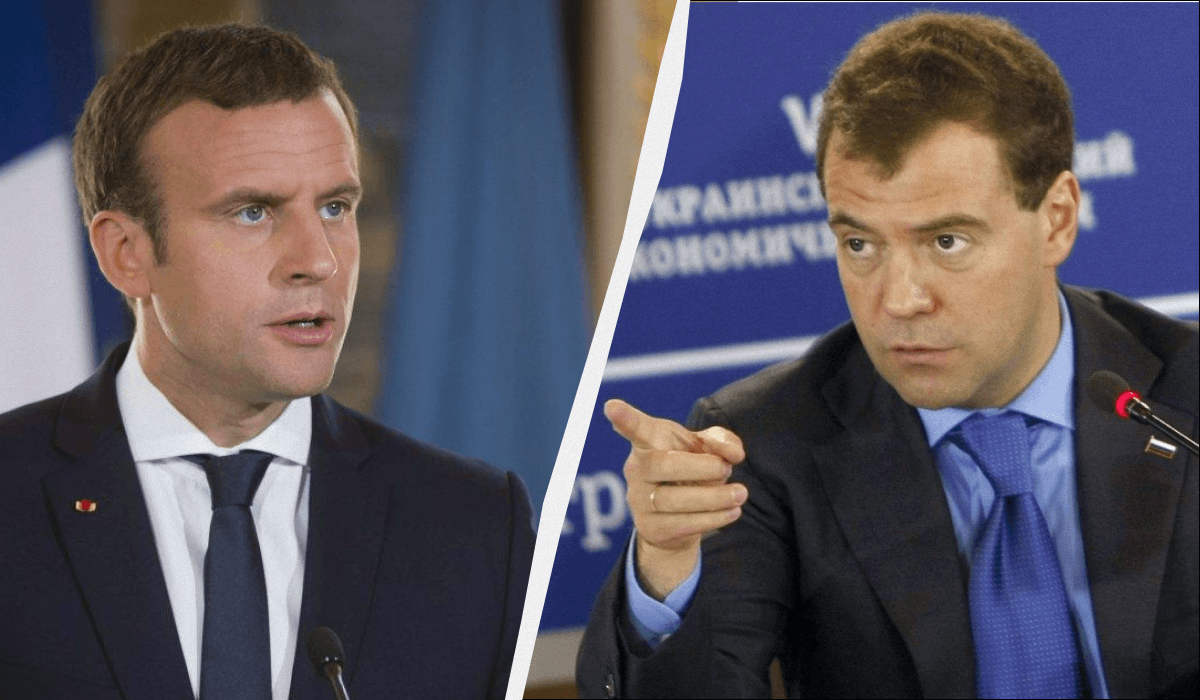 Медведєв вважає Макрона поплічником організаторів теракту / колаж УНІАН, фото УНІАН Медведєв вважає Макрона поплічником організаторів теракту / колаж УНІАН, фото УНІАН