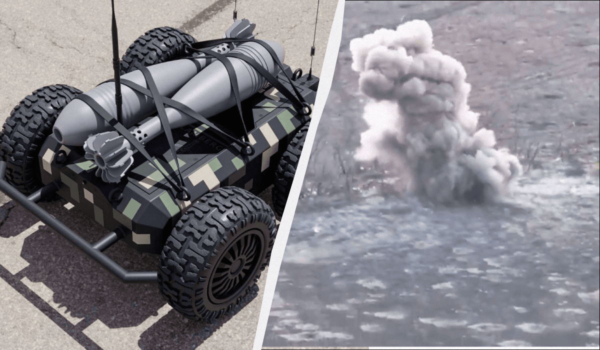 Український наземний дрон Ratel S / колаж УНІАН, фото t.me/zedigital, кадр з відео Український наземний дрон Ratel S / колаж УНІАН, фото t.me/zedigital, кадр з відео