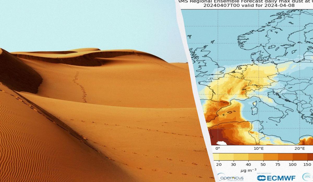 Уже третя хвиля пилу із Сахари накрила Європу / колаж УНІАН, фото CAMS/ECMWF, pixabay.com Уже третя хвиля пилу із Сахари накрила Європу / колаж УНІАН, фото CAMS/ECMWF, pixabay.com