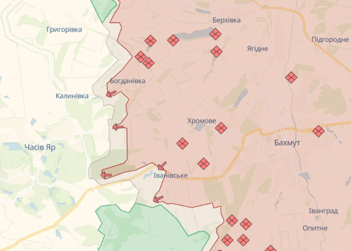 Часов Яр на карте боевых действий / скриншот с deepstatemap.live Часов Яр на карте боевых действий / скриншот с deepstatemap.live