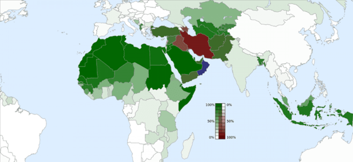 Суніти (зеленим) та шиїти (червоним) у світі. Фіолетовим позначені ібадити – ще одна велика ланка в ісламі. Майже всюди, де є зелений колір, присутні осередки ІД / джерело: wikipedia