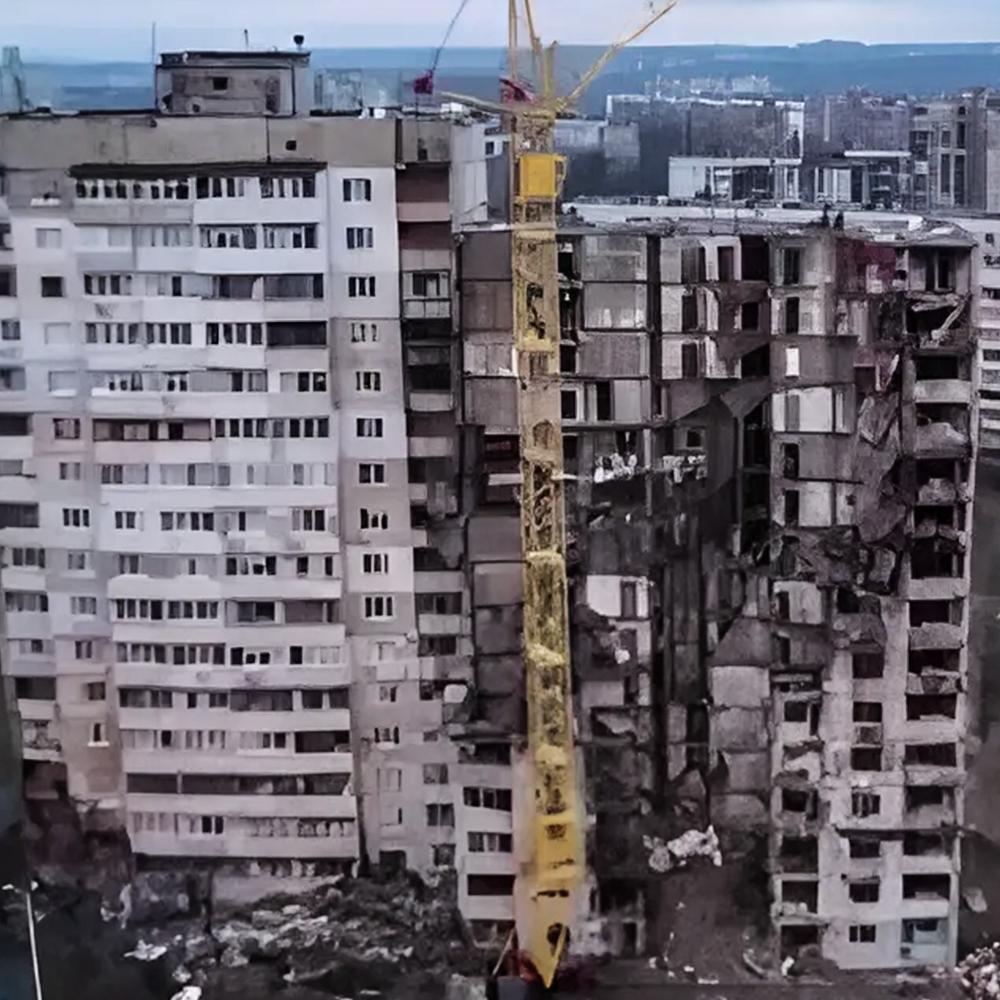 Квартира Офелії була на 11 поверсі – сам там, куди влучили російські бомби. Кадр з відео, знятого дроном у 2023 році. Комісія прийшла до висновку, що під’їзд не підлягає відновленню 