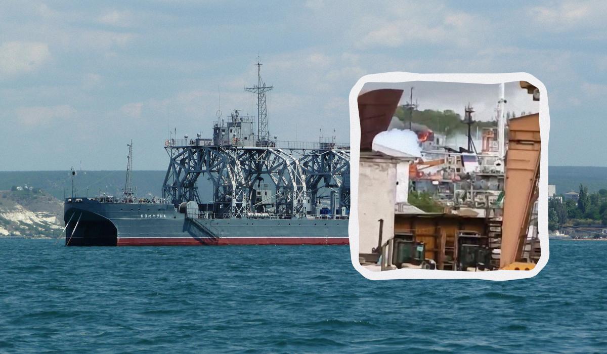 ЗСУ знищили унікальний російський корабель / колаж УНІАН, фото Вікіпедія, скріншот з відео ЗСУ знищили унікальний російський корабель / колаж УНІАН, фото Вікіпедія, скріншот з відео