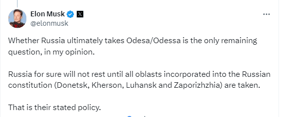 Маск знову висловився про війну в Україні: 'Залишилося лише одне питання'