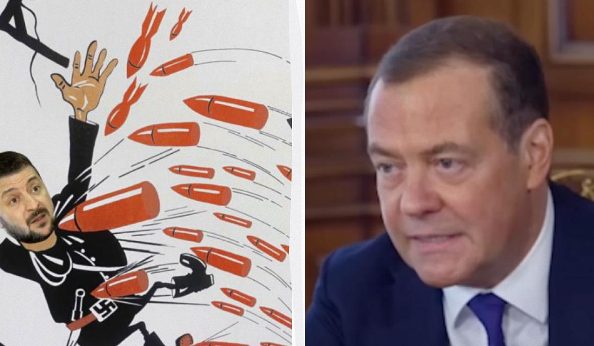 Медведєв показав у мережі плакат, на якому стріляють у Зеленського / Колаж УНІАН, фото скріншот Медведєв показав у мережі плакат, на якому стріляють у Зеленського / Колаж УНІАН, фото скріншот