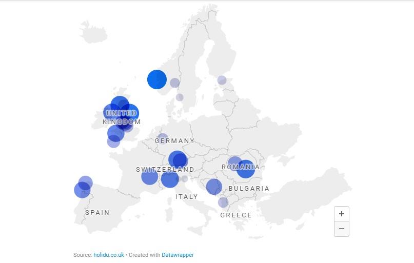 Найбільш дощові міста Європи на карті / скріншот із сайту holidu.co.uk