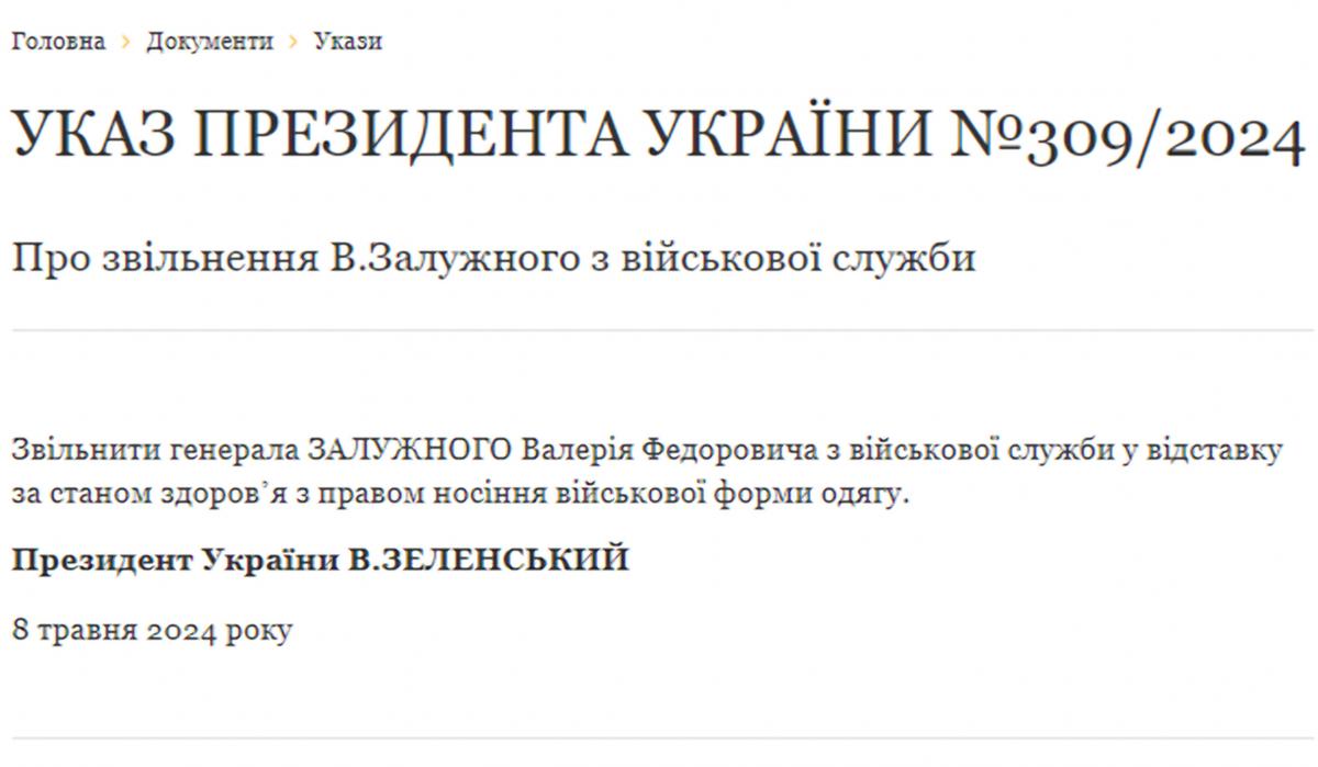 Залужного звільнено з військової служби: указ Зеленського Залужного звільнено з військової служби: указ Зеленського