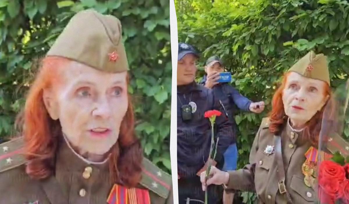 Жінка демонстративно вдягла пілотку з радянським гербом / колаж УНІАН, кадри з відео Жінка демонстративно вдягла пілотку з радянським гербом / колаж УНІАН, кадри з відео