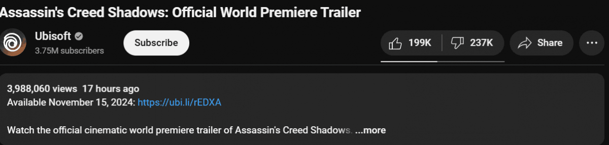Анонсирована новая игра Assassin's Creed про Японию – трейлер 'утонул' в дизлайках Анонсирована новая игра Assassin's Creed про Японию – трейлер 'утонул' в дизлайках