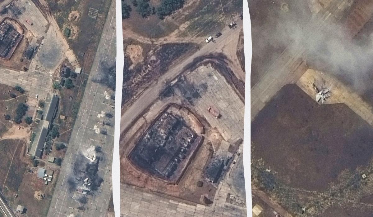 У ніч на 15 травня на російському військовому аеродрому "Бельбек" пролунали вибухи / колаж УНІАН, фото Maxar У ніч на 15 травня на російському військовому аеродрому "Бельбек" пролунали вибухи / колаж УНІАН, фото Maxar