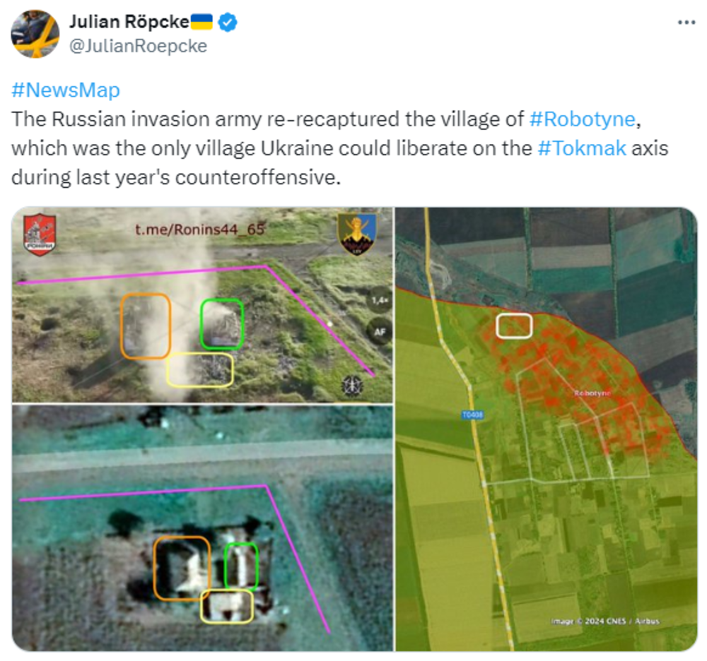 Росіяни захопили село в Запорізькій області, повідомив західний аналітик / скріншот із twitter.com/JulianRoepcke Росіяни захопили село в Запорізькій області, повідомив західний аналітик / скріншот із twitter.com/JulianRoepcke