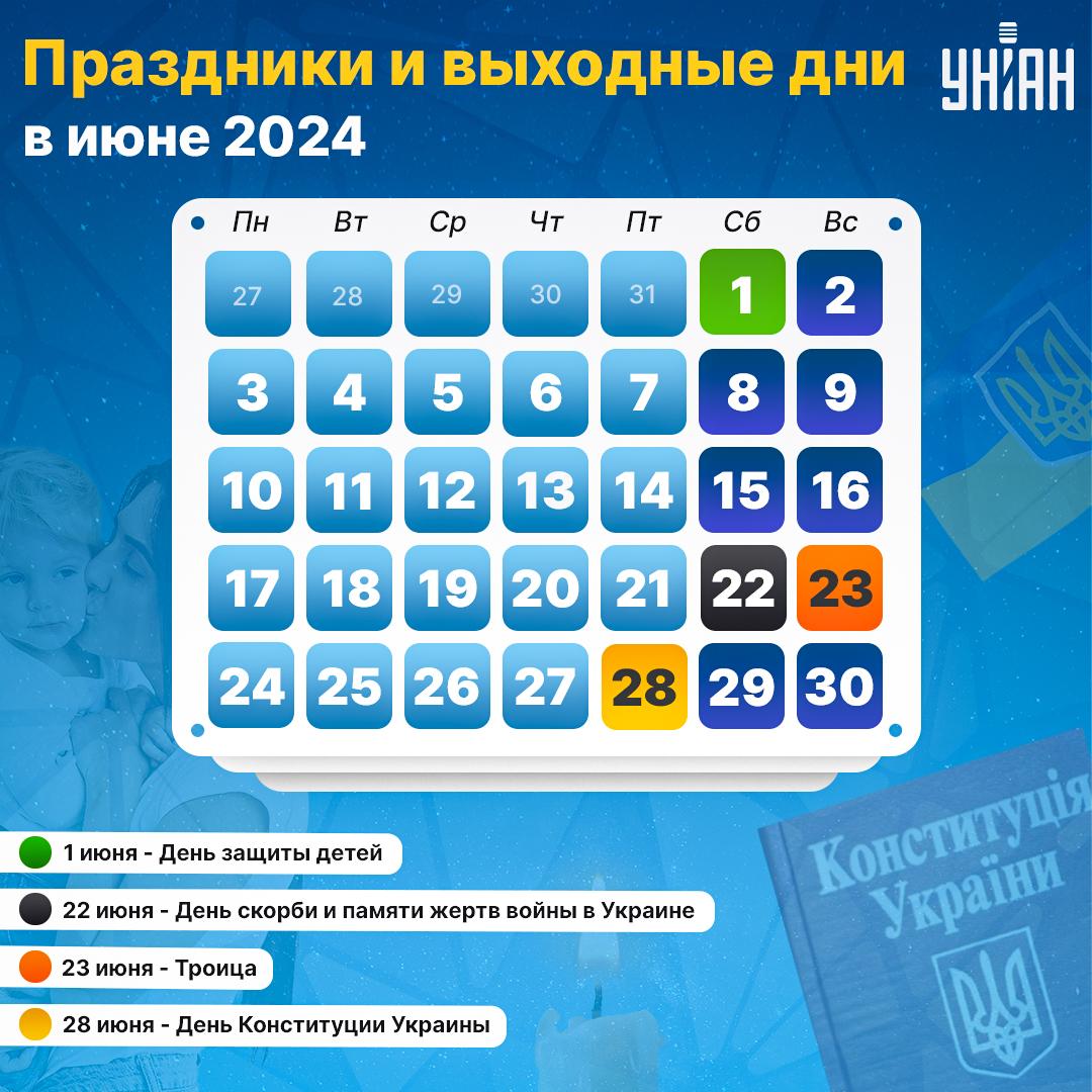 Какие праздники в июне 2024 отмечаем и когда выходные / инфографика УНИАН Какие праздники в июне 2024 отмечаем и когда выходные / инфографика УНИАН