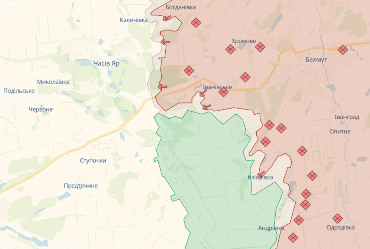 Часів Яр на свіжій карті бойових дій / скріншот з deepstatemap.live Часів Яр на свіжій карті бойових дій / скріншот з deepstatemap.live