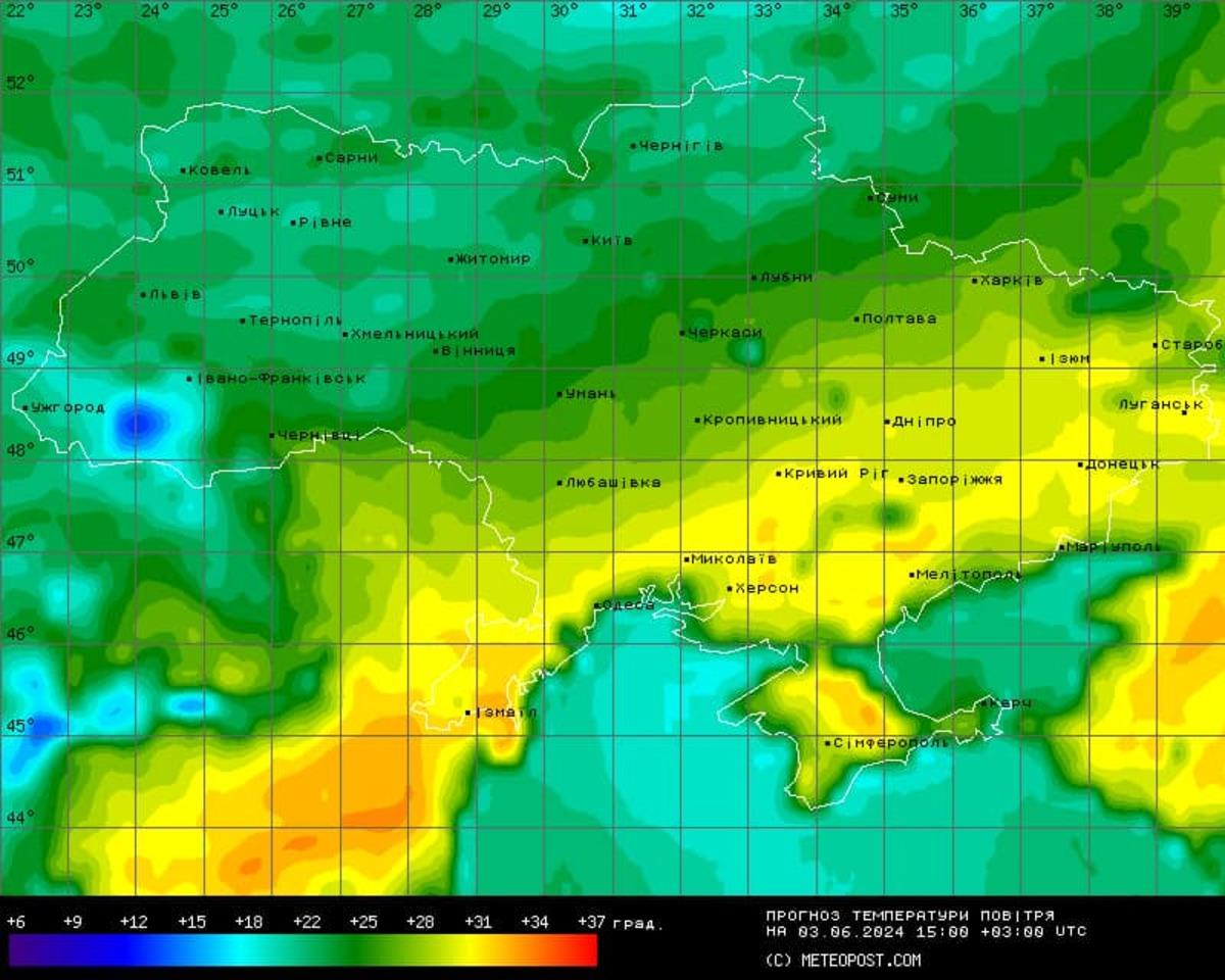 Синоптик повідомила, яким областям України завтра загрожує спека / карта з facebook.com/tala.didenko