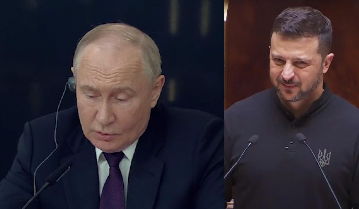 Володимир Зеленський "проїхався" по Володимиру Путіну / колаж з фото УНІАН Володимир Зеленський "проїхався" по Володимиру Путіну / колаж з фото УНІАН