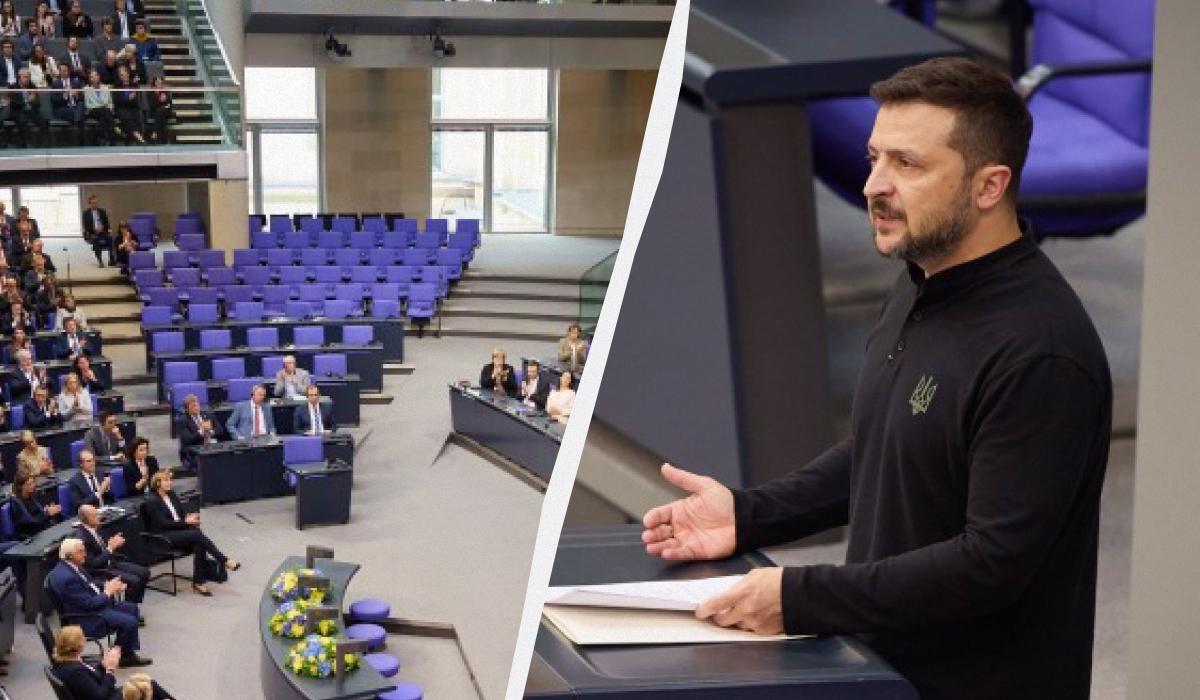 Десятки крісел у залі залишилися порожніми, коли виступав Зеленський / колаж УНІАН, фото president.gov.ua Десятки крісел у залі залишилися порожніми, коли виступав Зеленський / колаж УНІАН, фото president.gov.ua