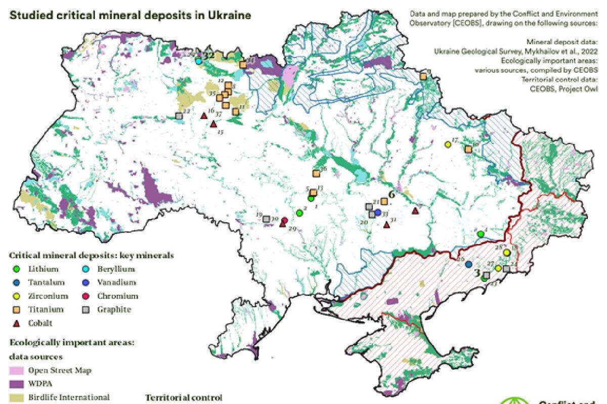 Розподіл «критичних» корисних копалин в Україні та зона окупації за даними Conflict and Environment Observatory.