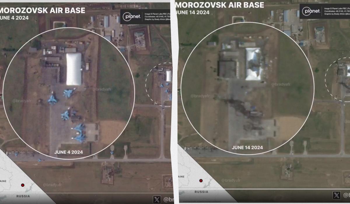 На спутниковых фото видны последствия попадания по аэродрому Морозовск/ Коллаж УНИАН с фото Brady Afrik На спутниковых фото видны последствия попадания по аэродрому Морозовск/ Коллаж УНИАН с фото Brady Afrik