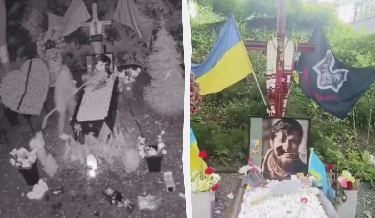 Момент наруги над могилою був зафіксований камерою спостереження / колаж УНІАН, кадри з відео Момент наруги над могилою був зафіксований камерою спостереження / колаж УНІАН, кадри з відео