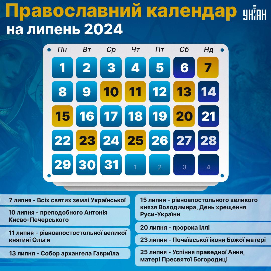 Православний календар на липень 2024 року / інфографіка УНІАН Православний календар на липень 2024 року / інфографіка УНІАН