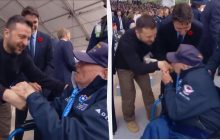 "Рятівник народу": у Франції ветеран ДСВ намагався поцілувати руку Зеленського (відео)